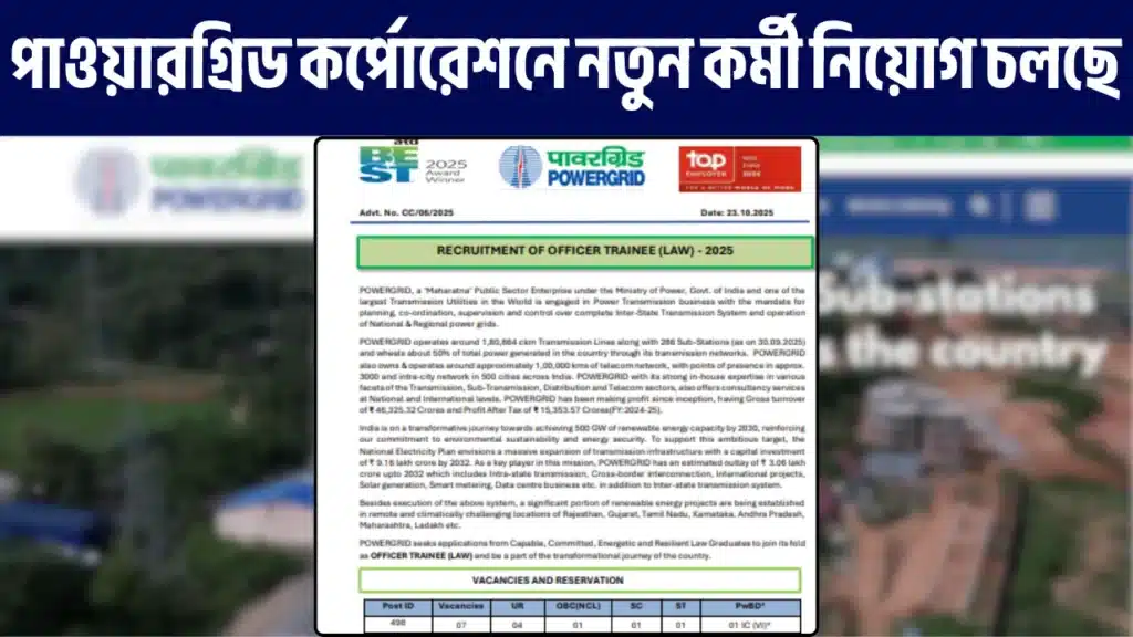 POWERGRID Officer Trainee Law Recruitment 2025